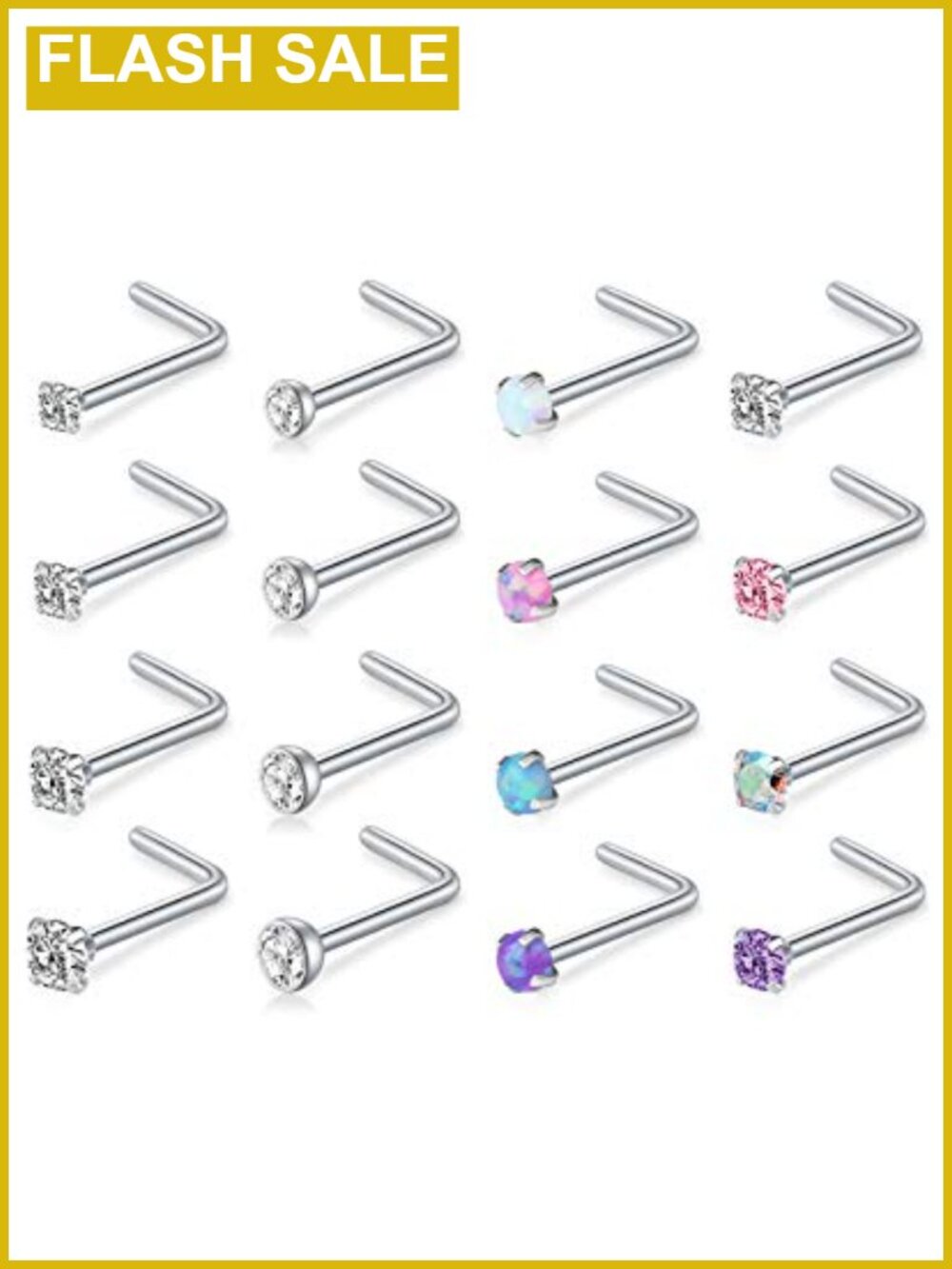 16pc L Shaped Nose Studs Surgical Stainless Steel 18G CZ Body Jewelry Set